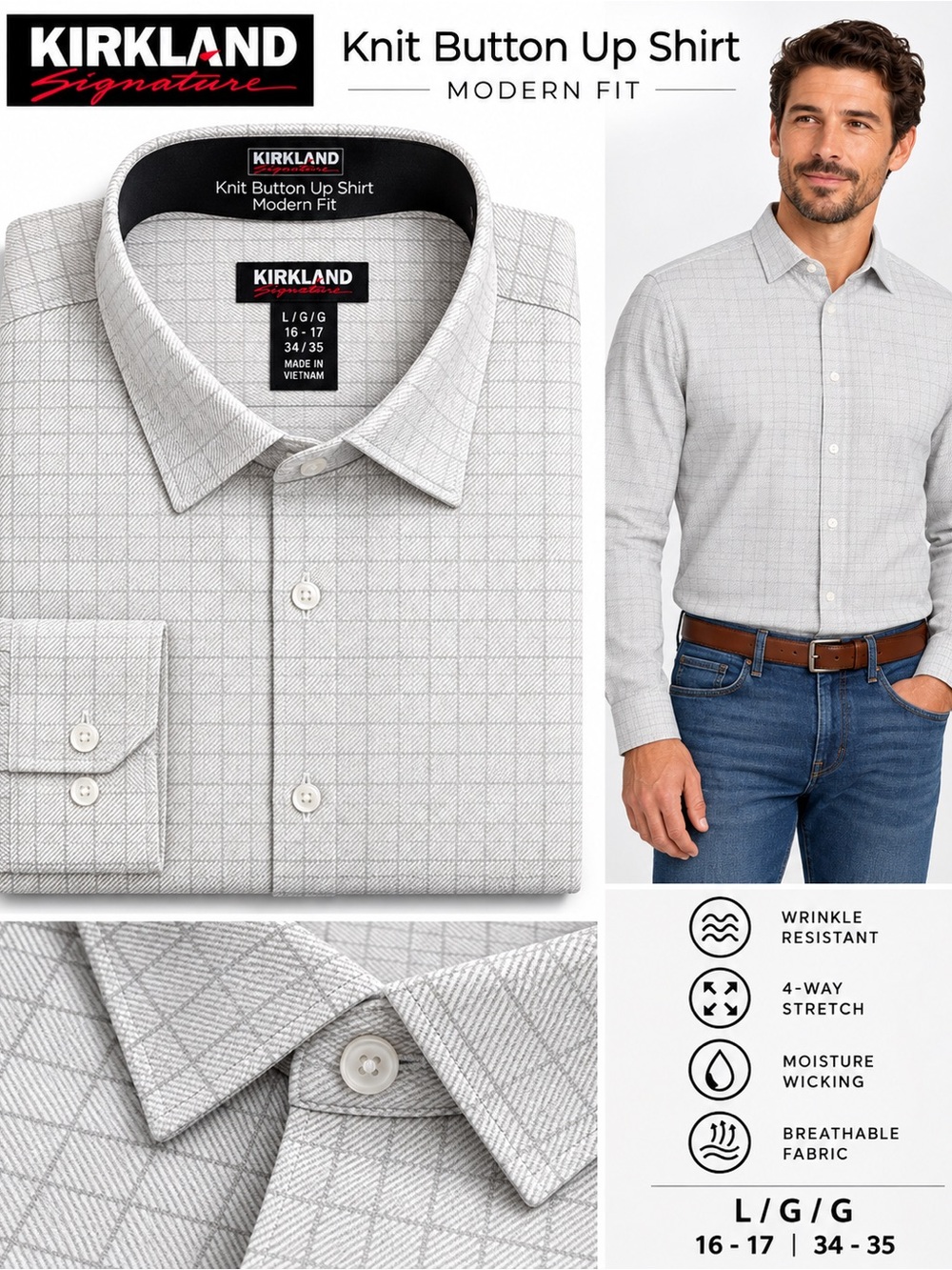 Kirkland Signature Men's Modern Fit Knit Button-Up Shirt - Light Gray Microcheck